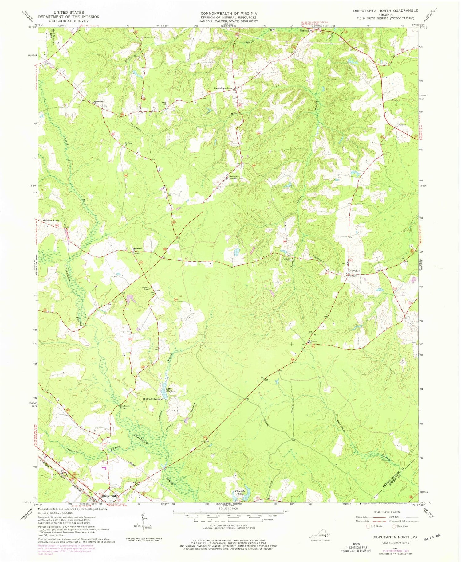Classic USGS Disputanta North Virginia 7.5'x7.5' Topo Map Image