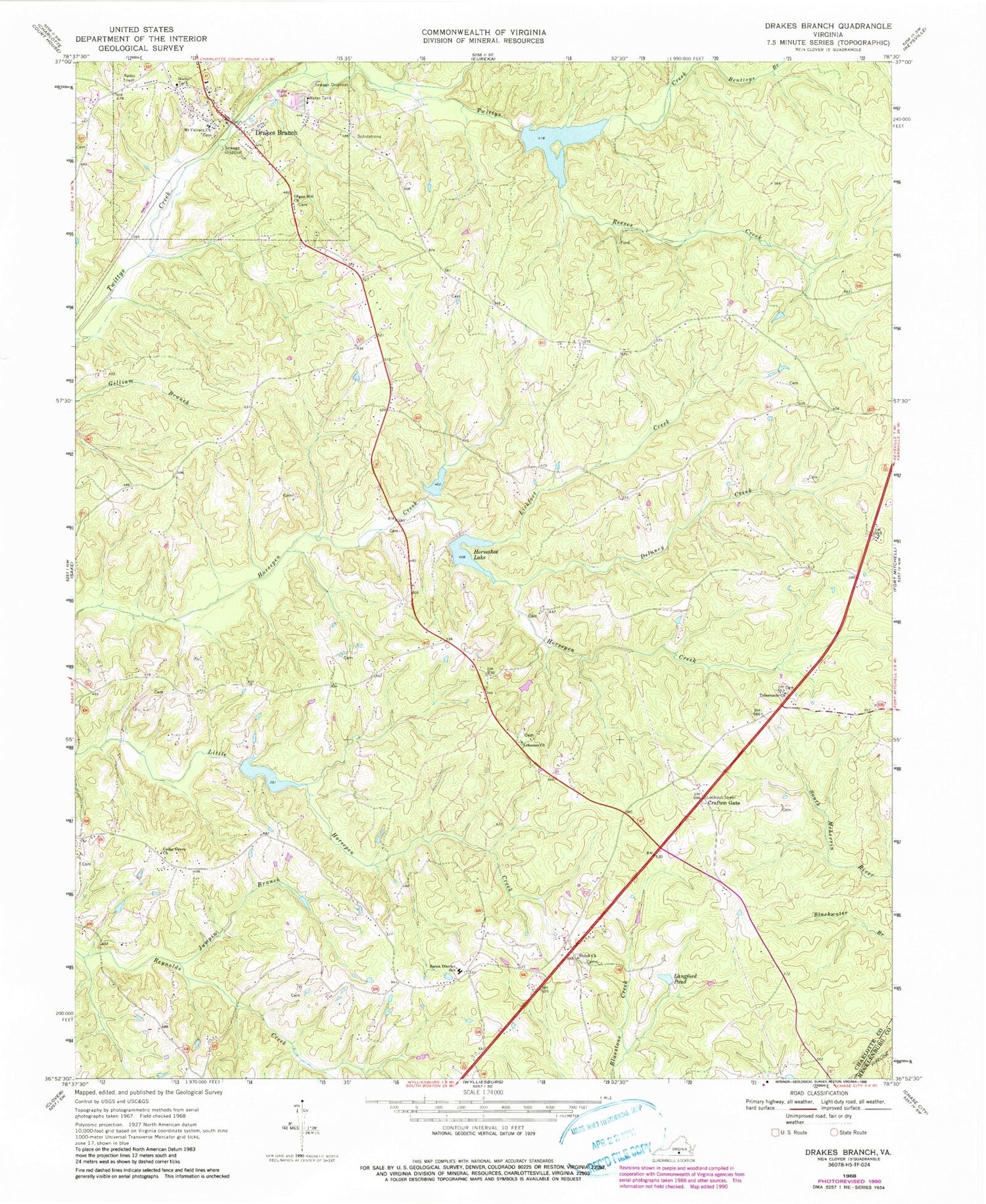 Classic USGS Drakes Branch Virginia 7.5'x7.5' Topo Map Image