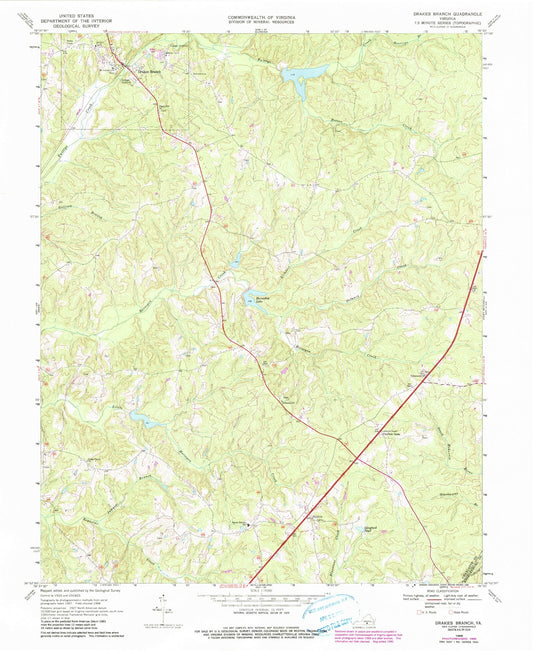 Classic USGS Drakes Branch Virginia 7.5'x7.5' Topo Map Image