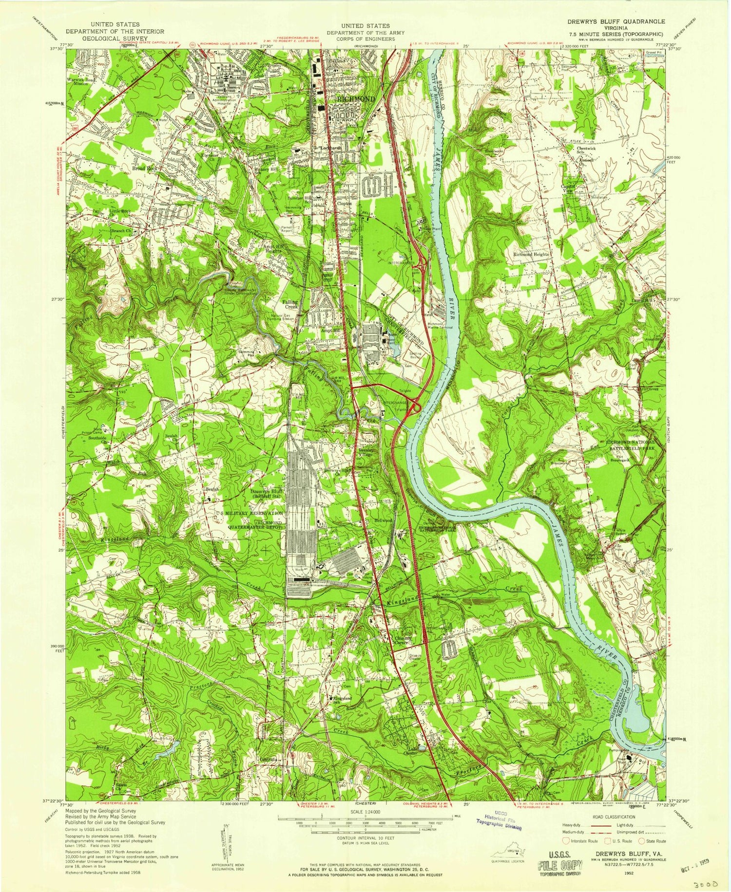 Classic USGS Drewrys Bluff Virginia 7.5'x7.5' Topo Map Image