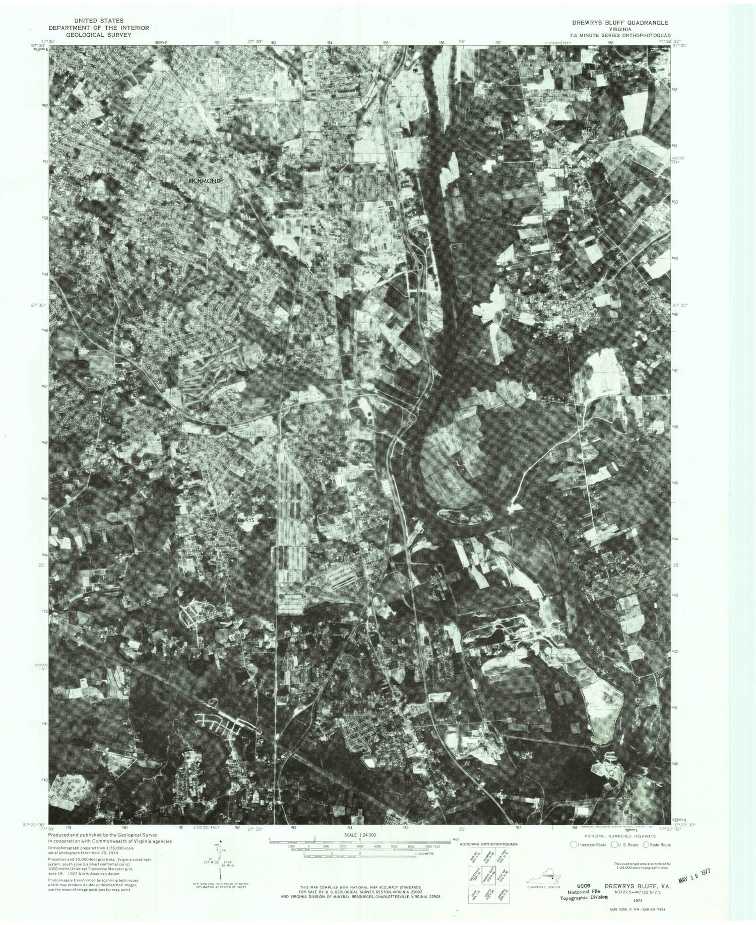 Classic USGS Drewrys Bluff Virginia 7.5'x7.5' Topo Map Image