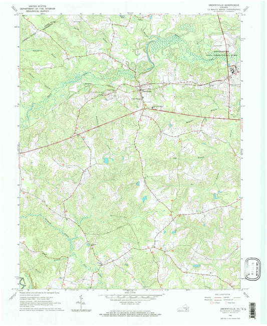 Classic USGS Drewryville Virginia 7.5'x7.5' Topo Map Image
