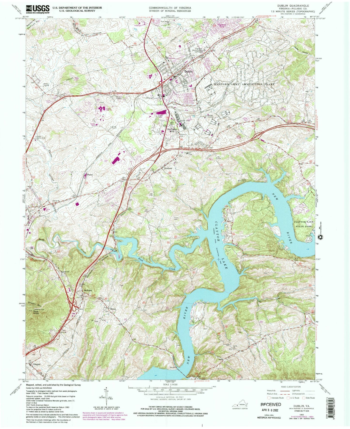 Classic USGS Dublin Virginia 7.5'x7.5' Topo Map Image