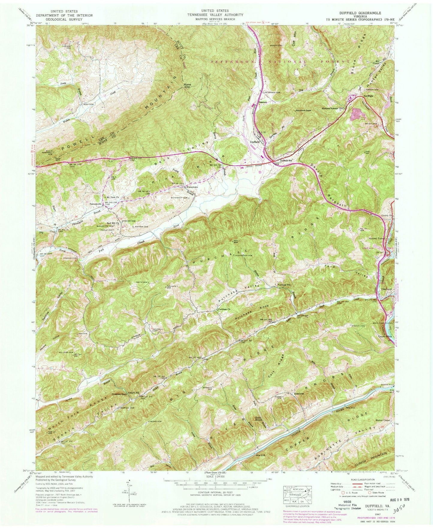 Classic USGS Duffield Virginia 7.5'x7.5' Topo Map Image