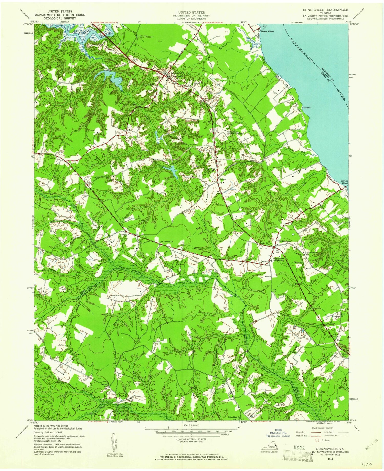 Classic USGS Dunnsville Virginia 7.5'x7.5' Topo Map Image