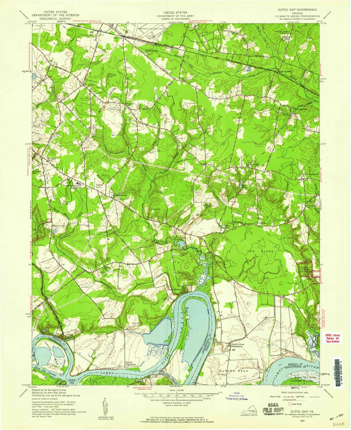 Classic USGS Dutch Gap Virginia 7.5'x7.5' Topo Map Image