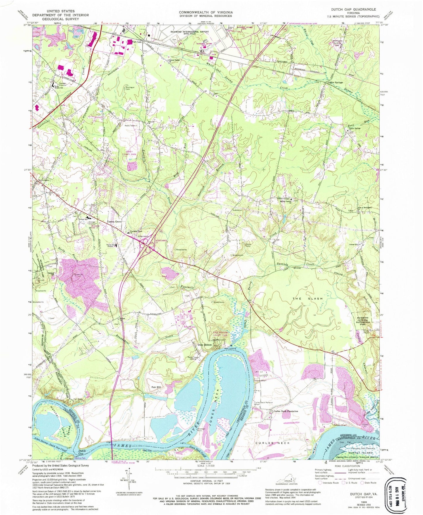 Classic USGS Dutch Gap Virginia 7.5'x7.5' Topo Map Image
