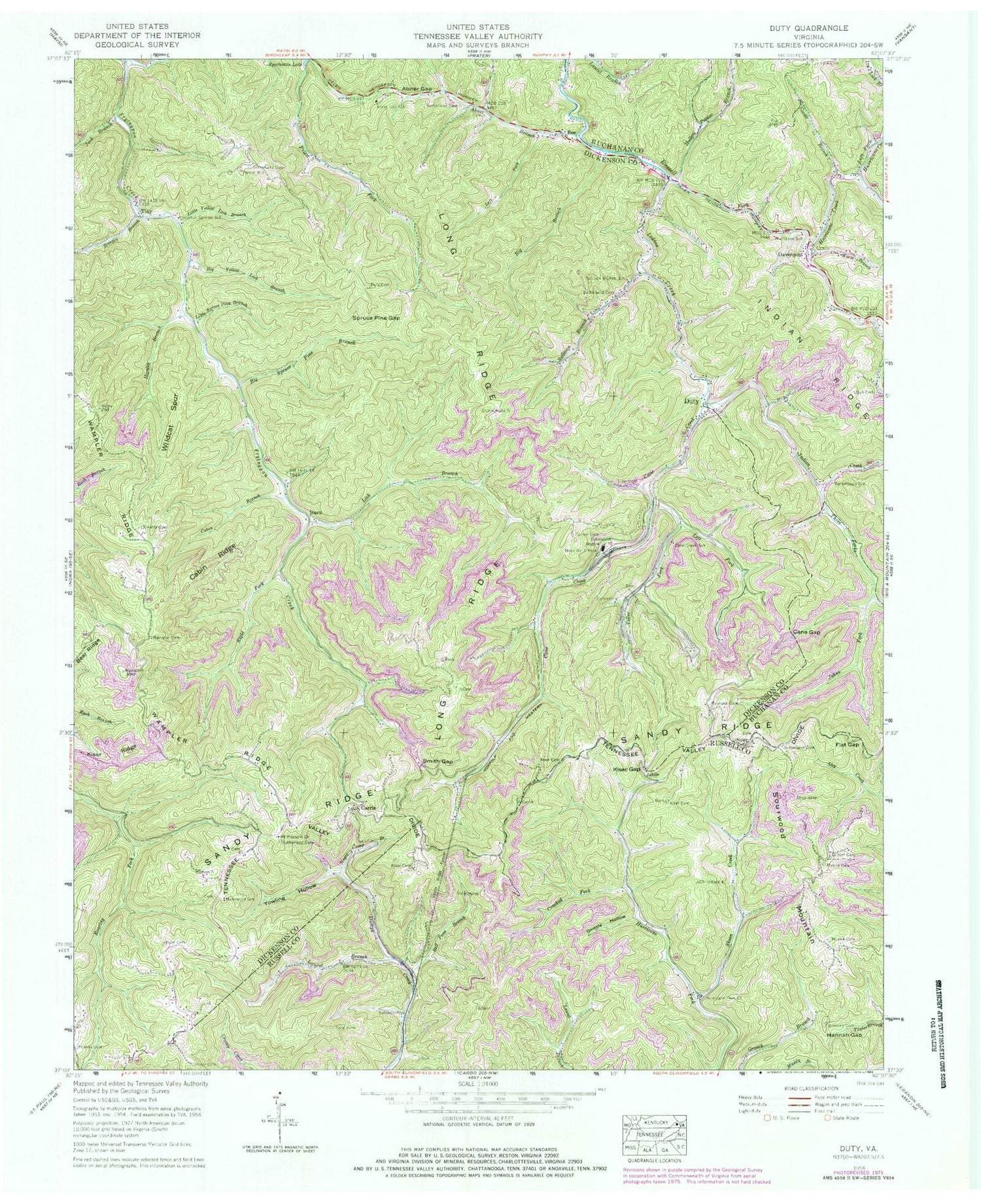Classic USGS Duty Virginia 7.5'x7.5' Topo Map Image