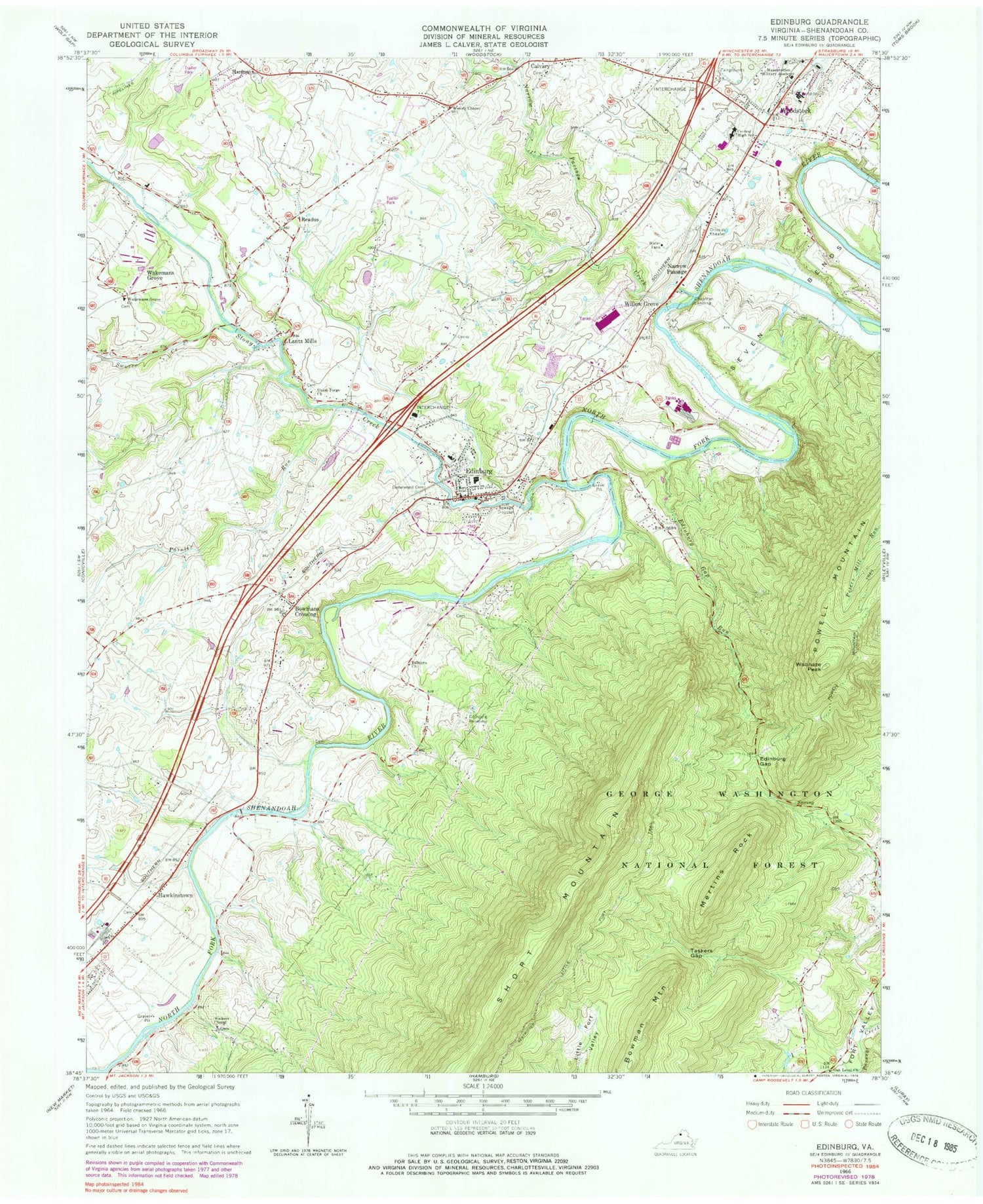 Classic USGS Edinburg Virginia 7.5'x7.5' Topo Map Image