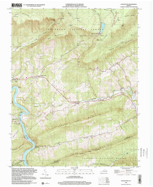 Classic USGS Eggleston Virginia 7.5'x7.5' Topo Map Image
