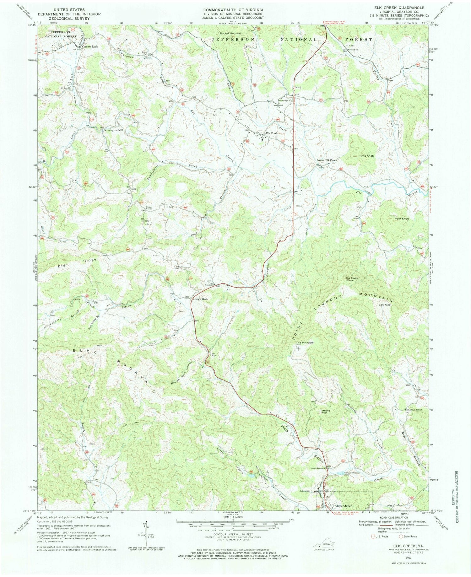 Classic USGS Elk Creek Virginia 7.5'x7.5' Topo Map Image