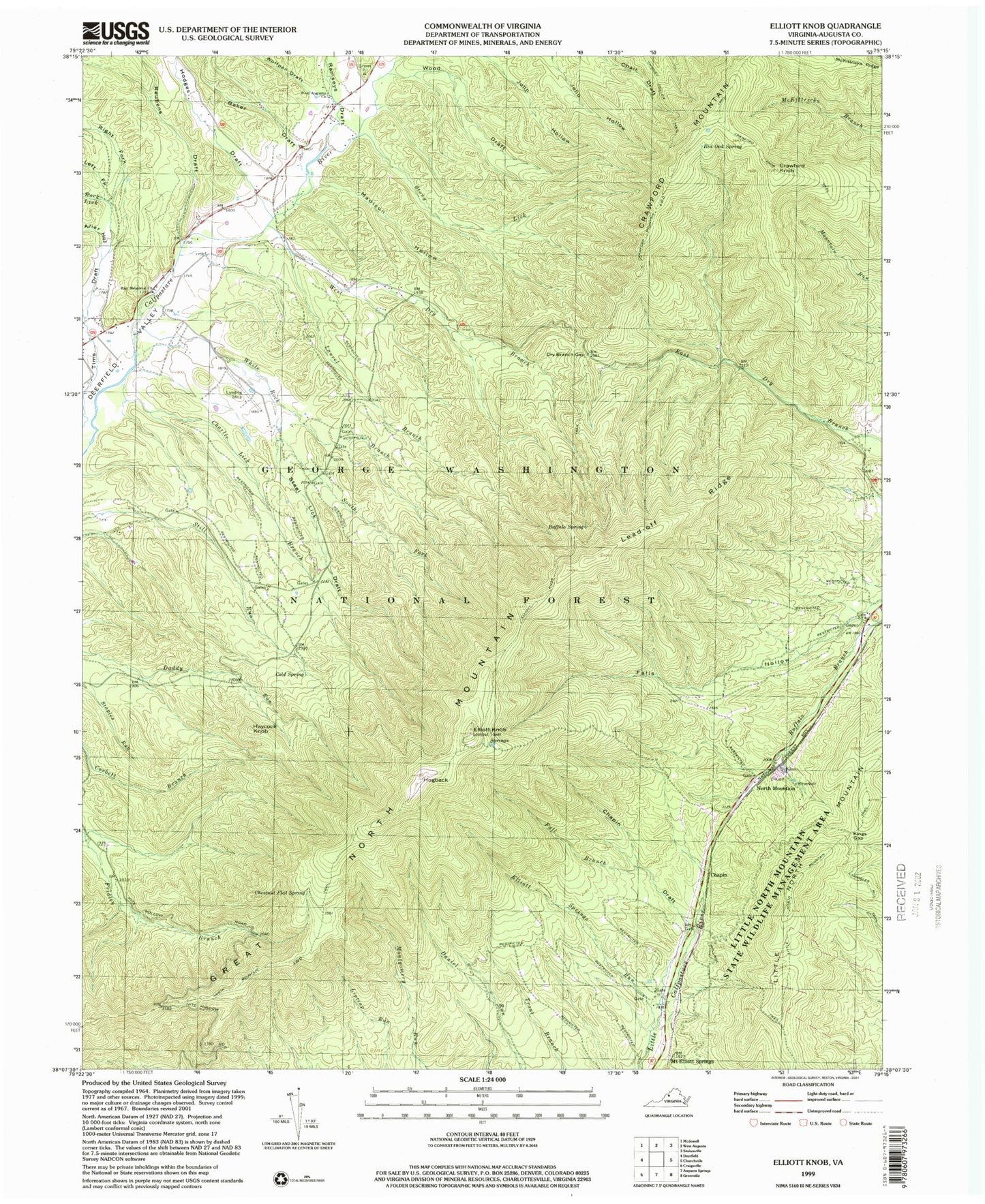 Classic USGS Elliott Knob Virginia 7.5'x7.5' Topo Map Image