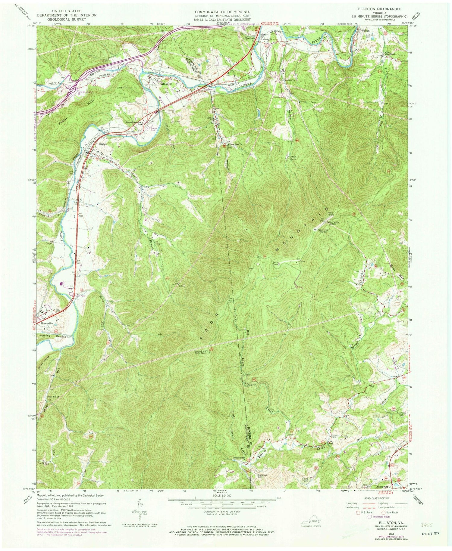 Classic USGS Elliston Virginia 7.5'x7.5' Topo Map Image