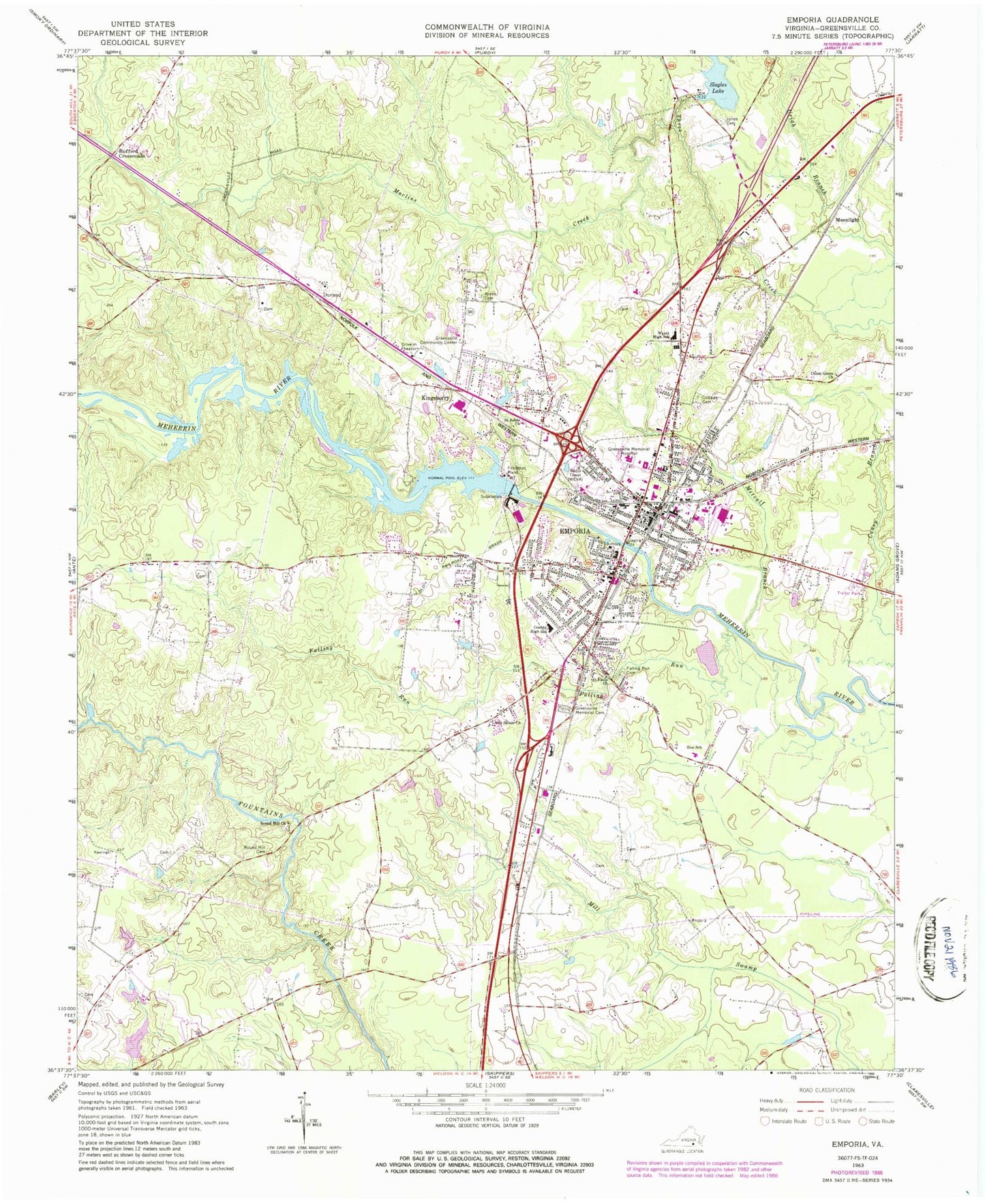 Classic USGS Emporia Virginia 7.5'x7.5' Topo Map Image