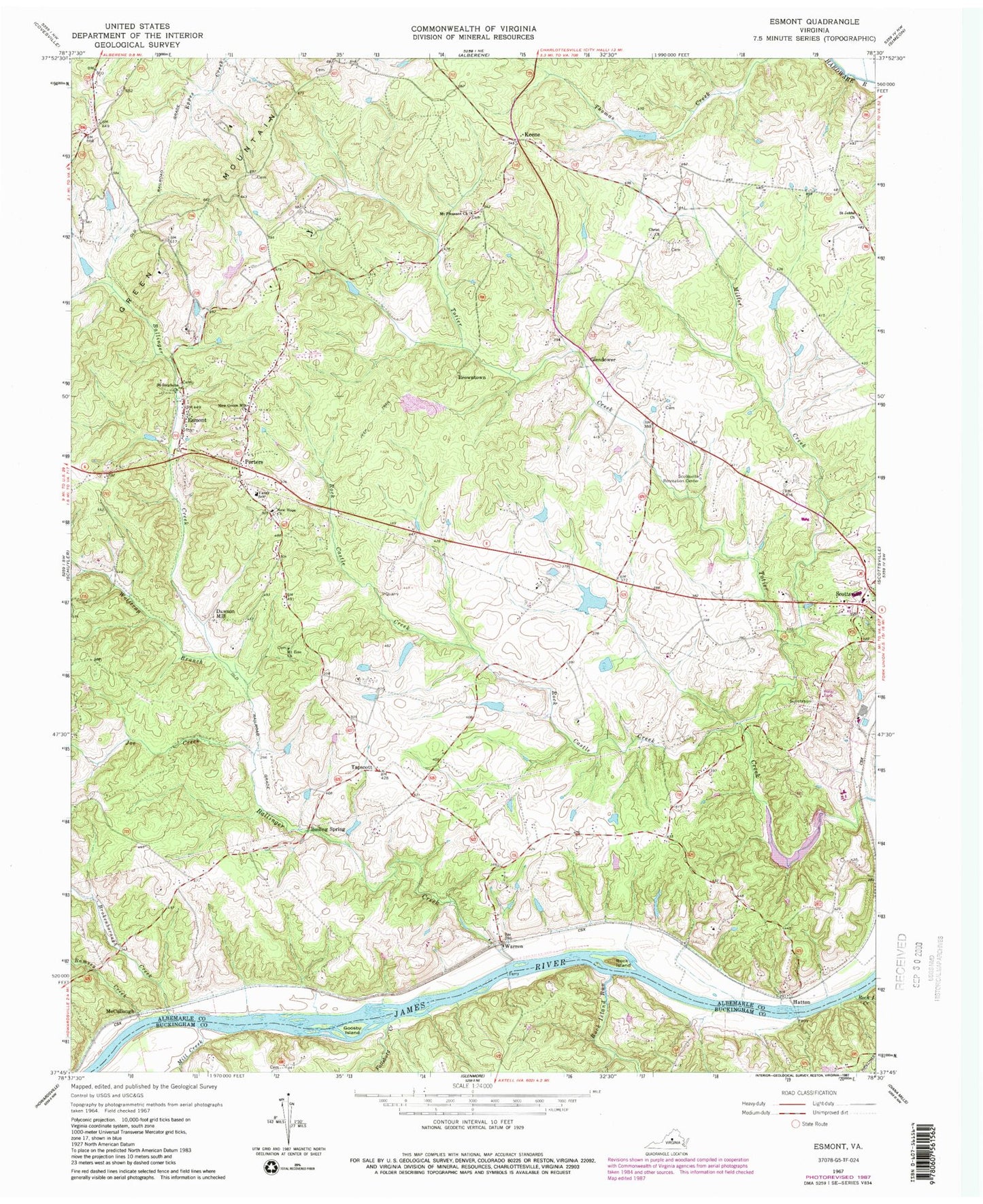 Classic USGS Esmont Virginia 7.5'x7.5' Topo Map Image