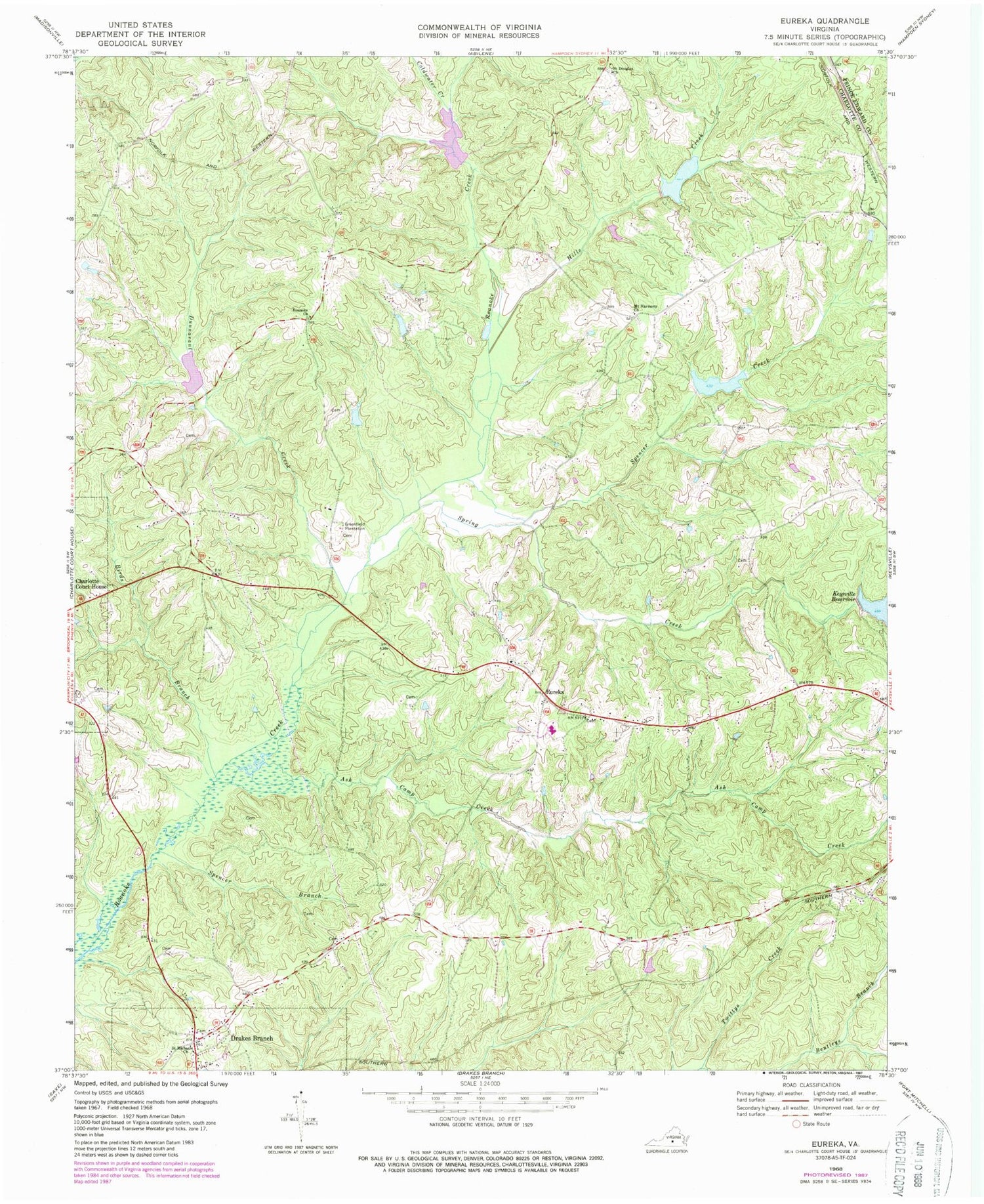 Classic USGS Eureka Virginia 7.5'x7.5' Topo Map Image