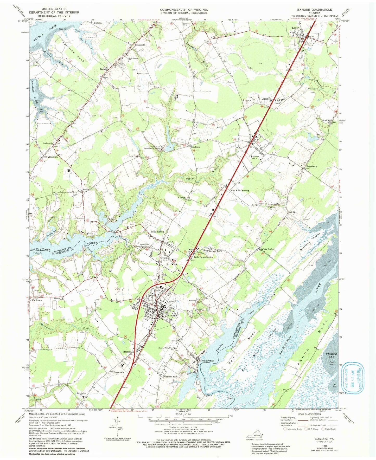 Classic USGS Exmore Virginia 7.5'x7.5' Topo Map Image