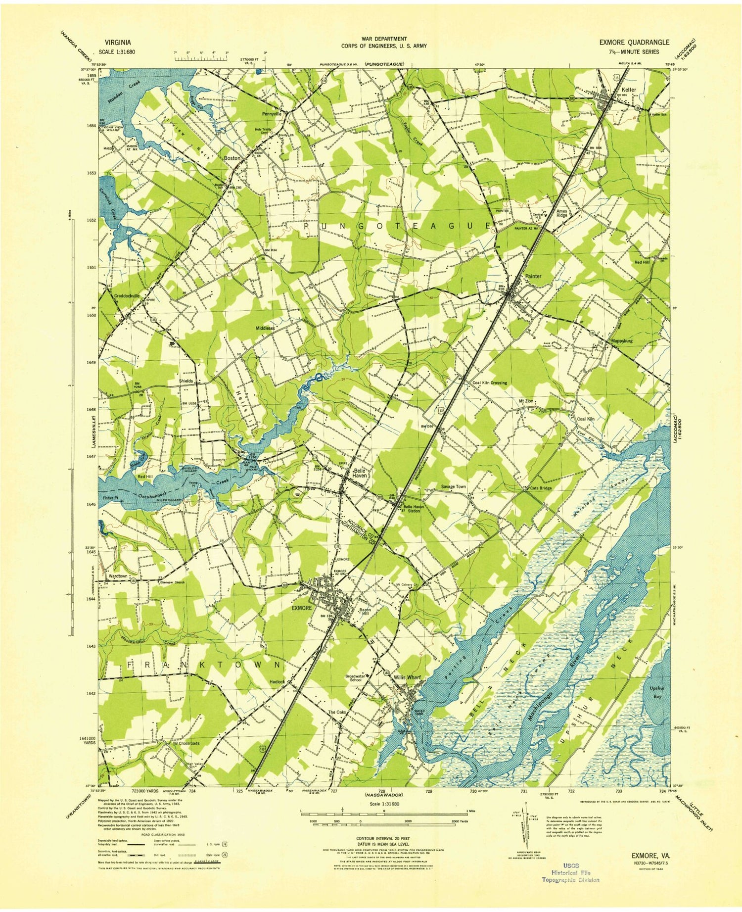 Classic USGS Exmore Virginia 7.5'x7.5' Topo Map Image