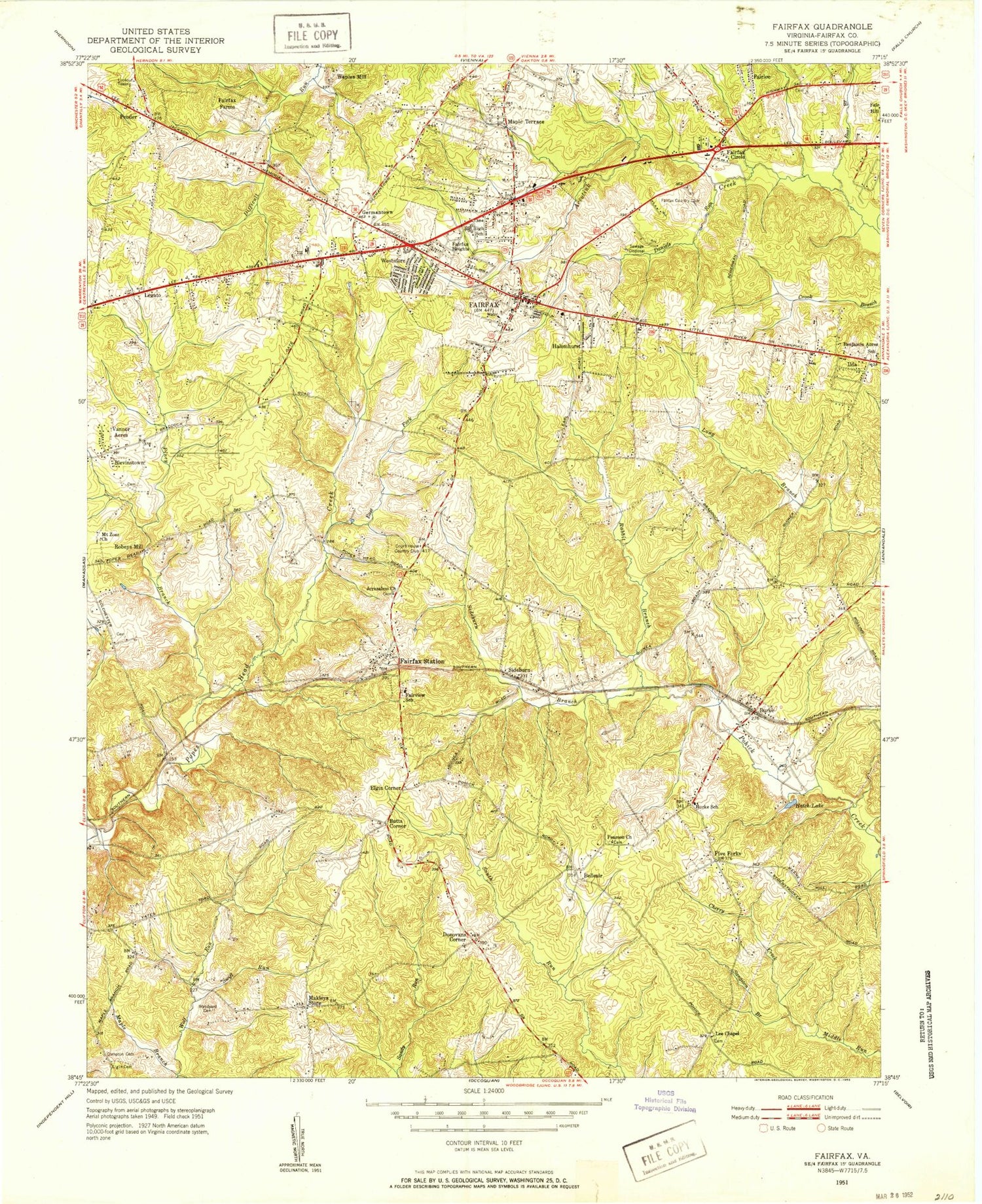 Classic USGS Fairfax Virginia 7.5'x7.5' Topo Map Image