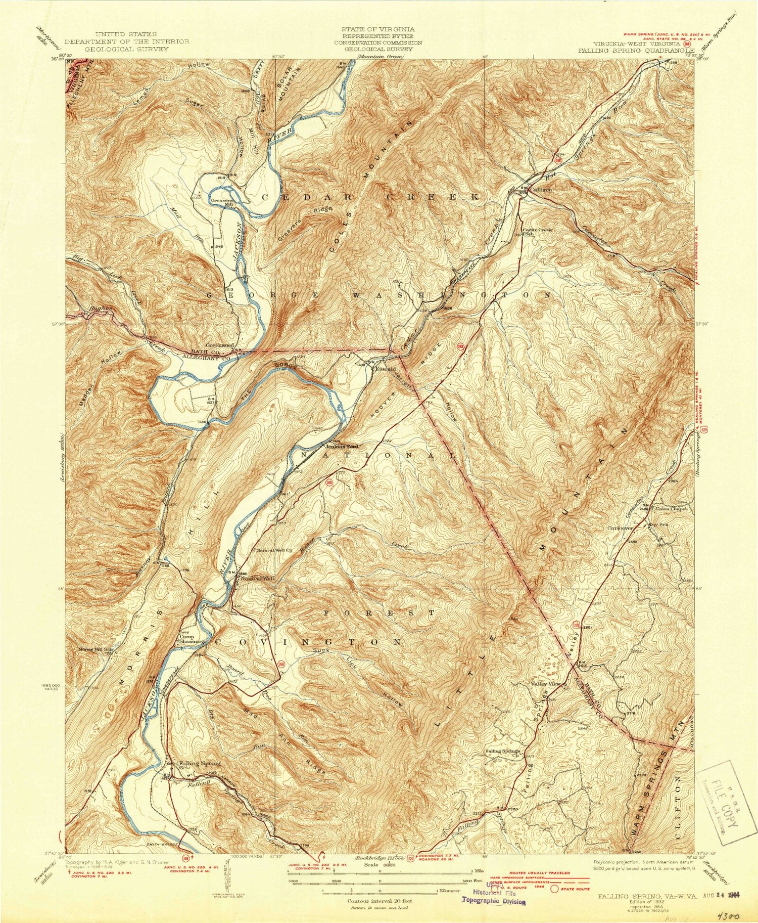 Classic USGS Falling Spring Virginia 7.5'x7.5' Topo Map Image