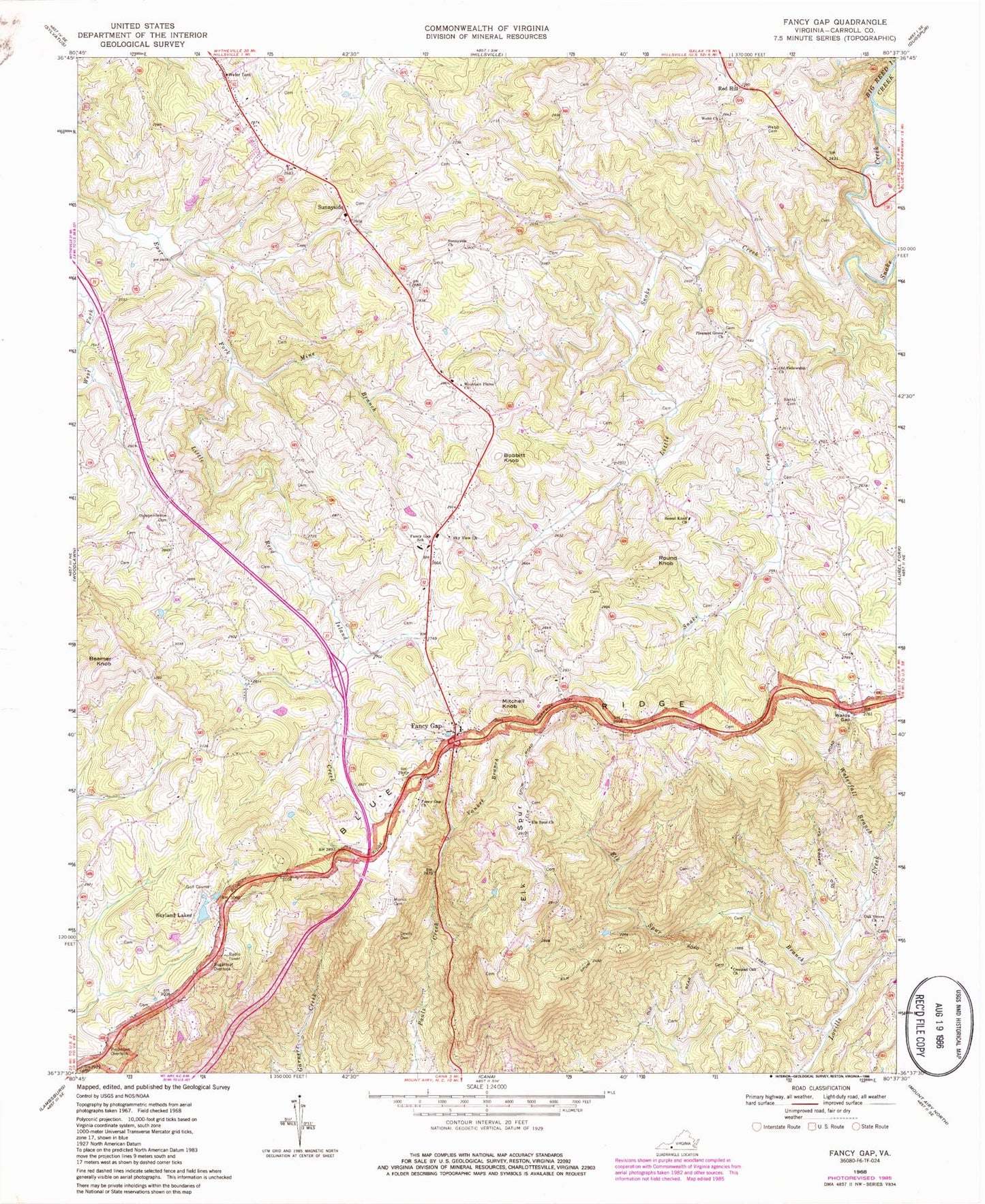 Classic USGS Fancy Gap Virginia 7.5'x7.5' Topo Map Image