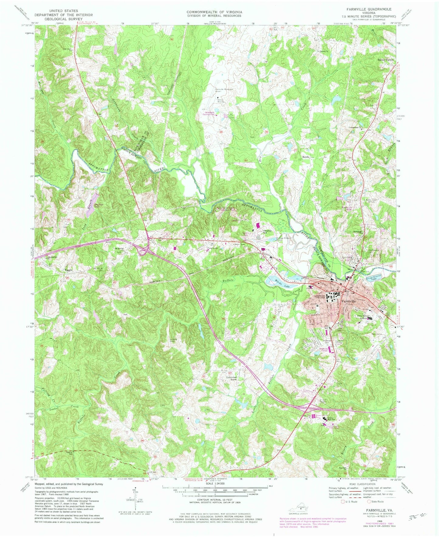 Classic USGS Farmville Virginia 7.5'x7.5' Topo Map Image