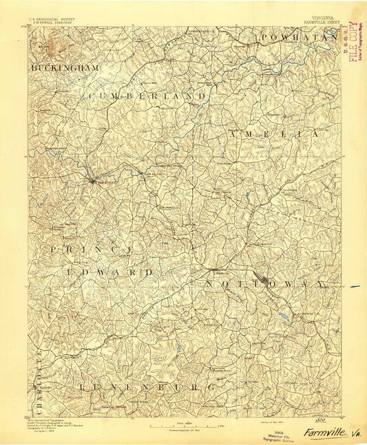 Historic 1891 Farmville Virginia 30'x30' Topo Map Image