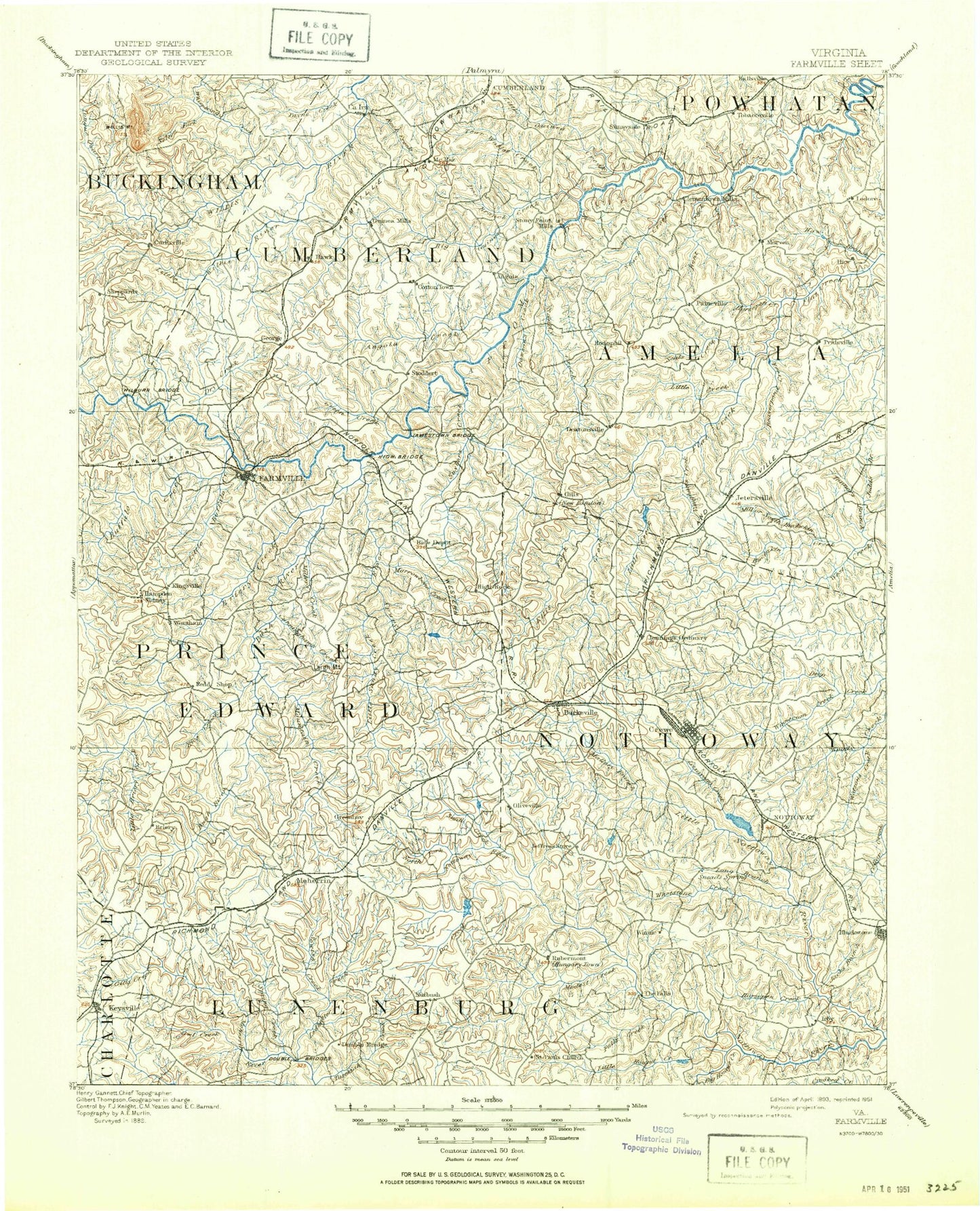 Historic 1893 Farmville Virginia 30'x30' Topo Map Image