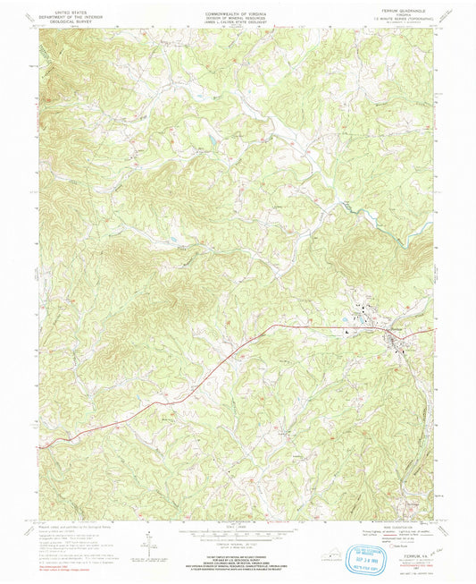 Classic USGS Ferrum Virginia 7.5'x7.5' Topo Map Image