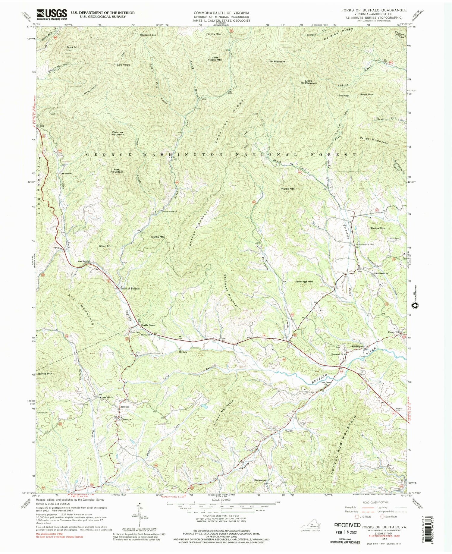 Classic USGS Forks of Buffalo Virginia 7.5'x7.5' Topo Map Image