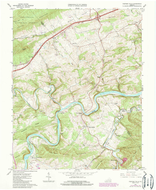 Classic USGS Fosters Falls Virginia 7.5'x7.5' Topo Map Image