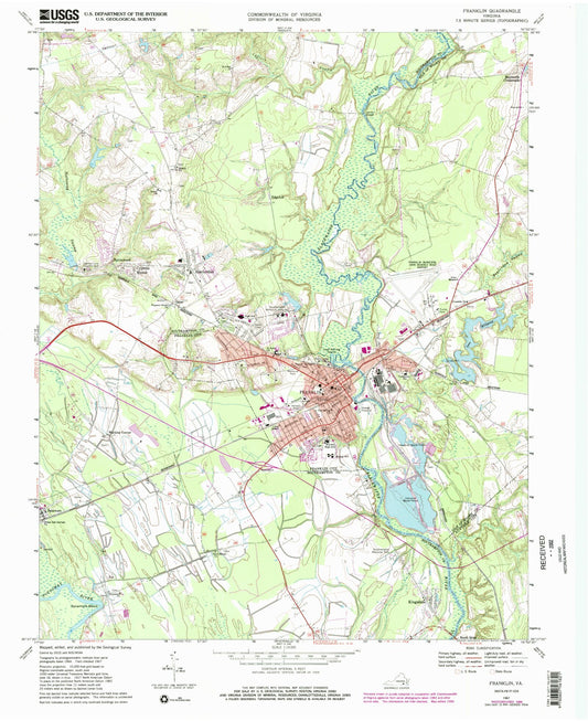 Classic USGS Franklin Virginia 7.5'x7.5' Topo Map Image
