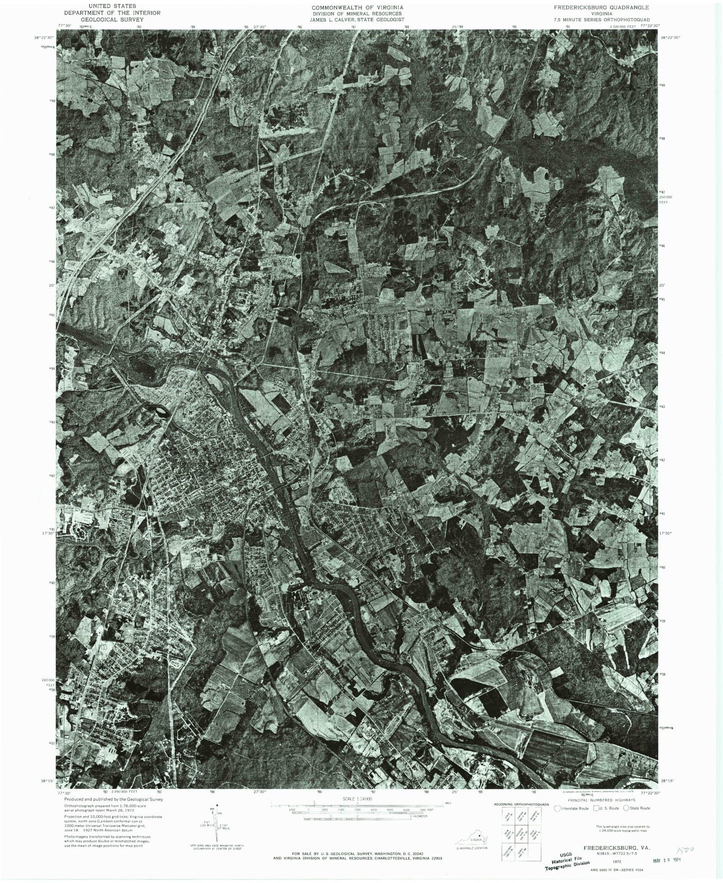 Classic USGS Fredericksburg Virginia 7.5'x7.5' Topo Map Image