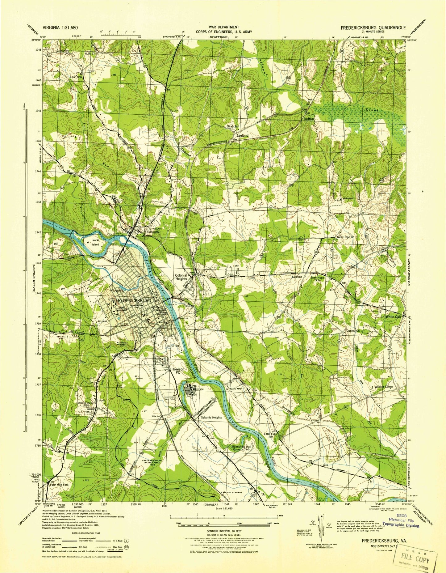 Classic USGS Fredericksburg Virginia 7.5'x7.5' Topo Map Image