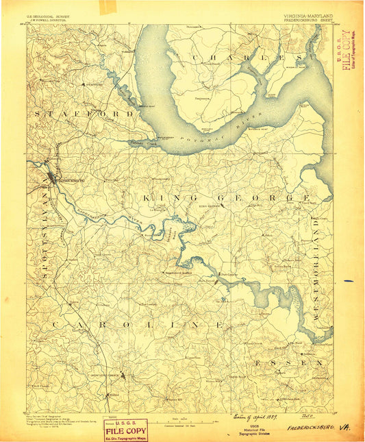 Historic 1889 Fredericksburg Virginia 30'x30' Topo Map Image