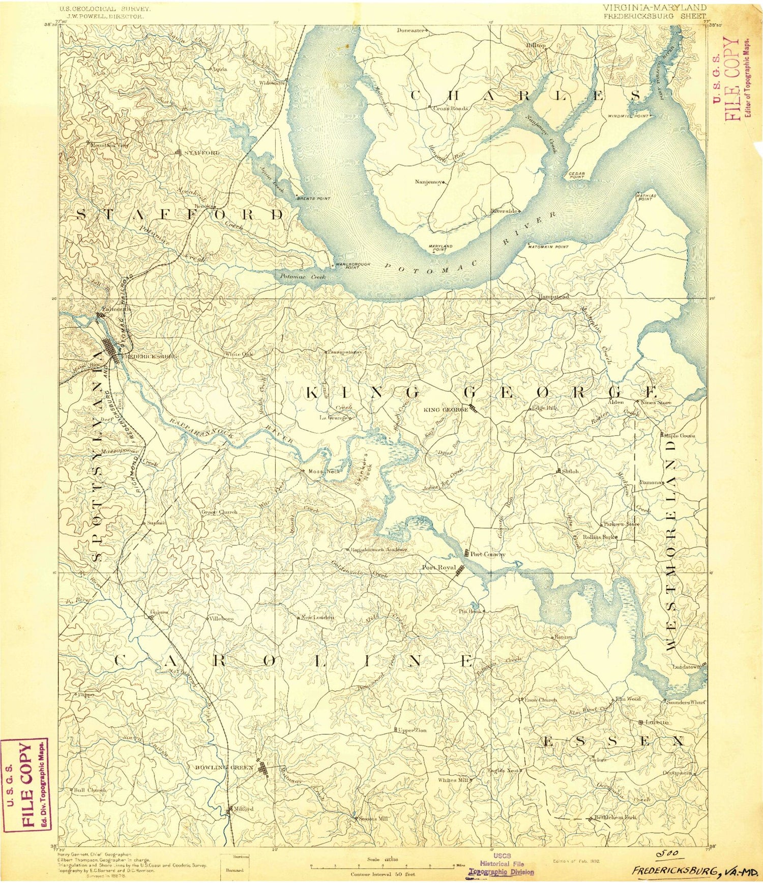 Historic 1892 Fredericksburg Virginia 30'x30' Topo Map Image