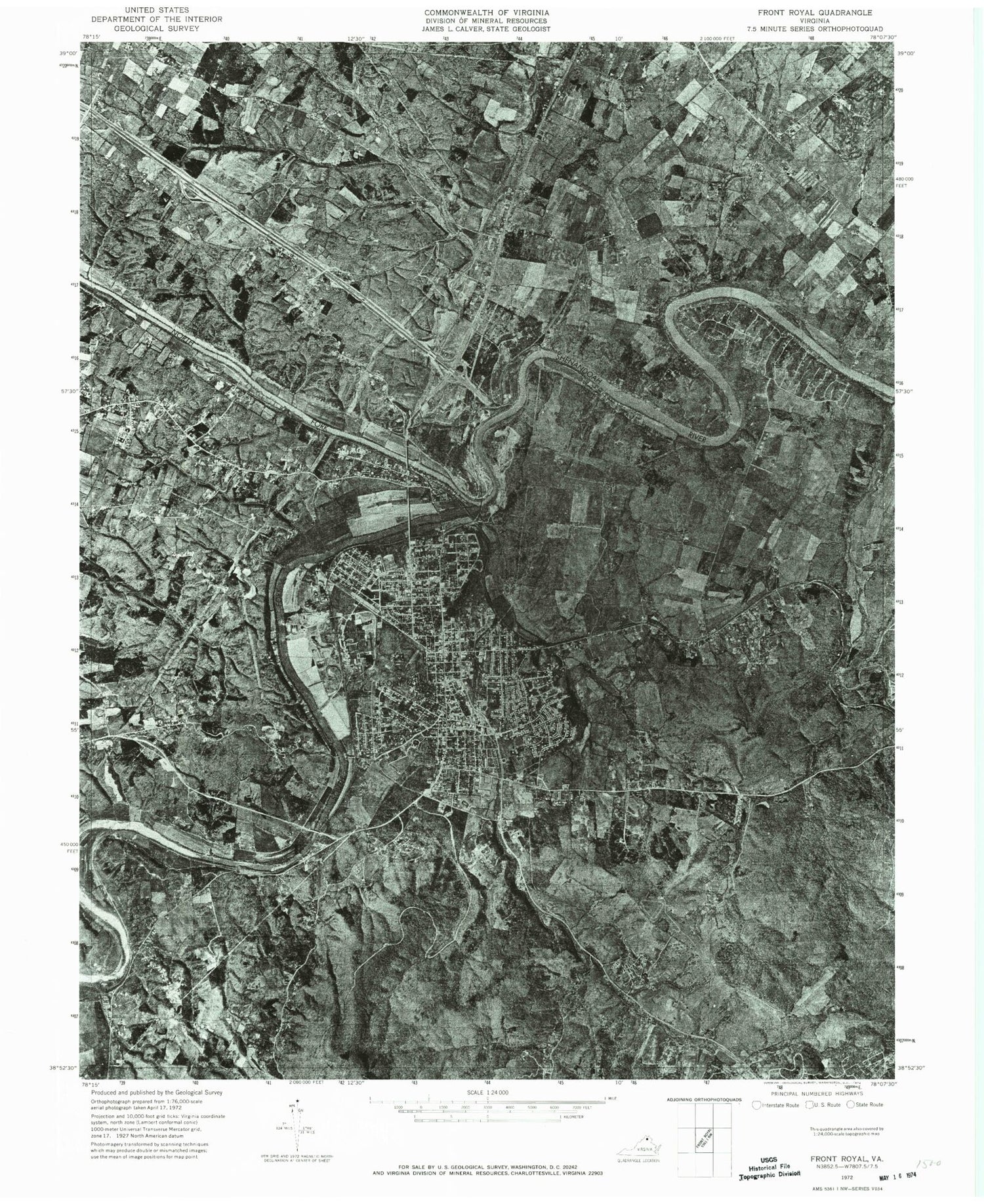 Classic USGS Front Royal Virginia 7.5'x7.5' Topo Map Image