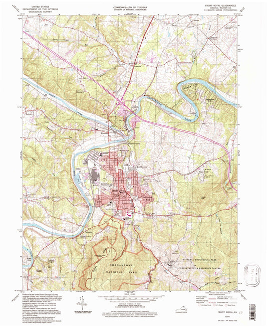 Classic USGS Front Royal Virginia 7.5'x7.5' Topo Map Image