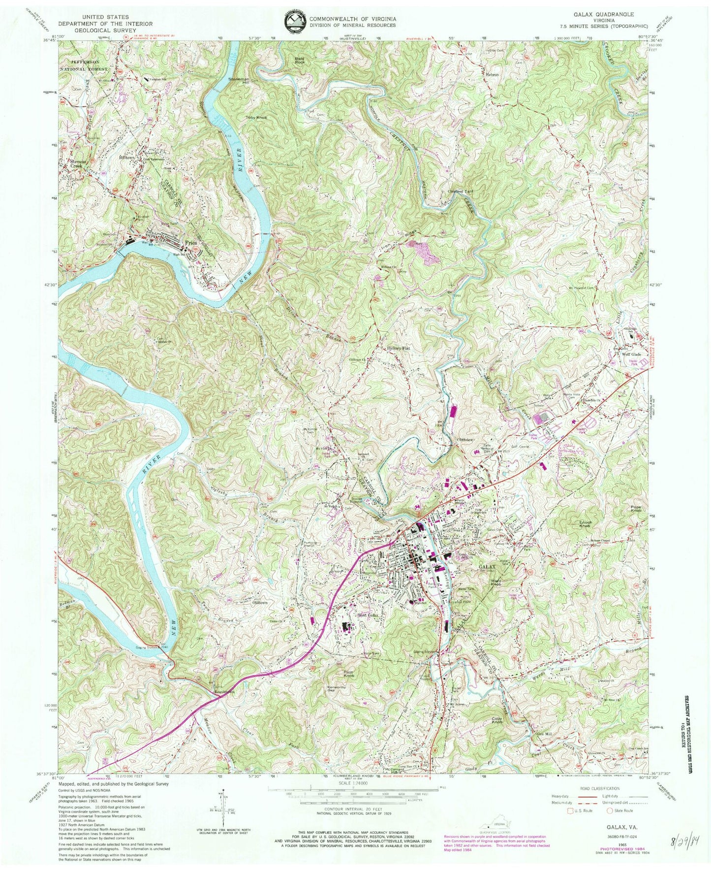 Classic USGS Galax Virginia 7.5'x7.5' Topo Map Image