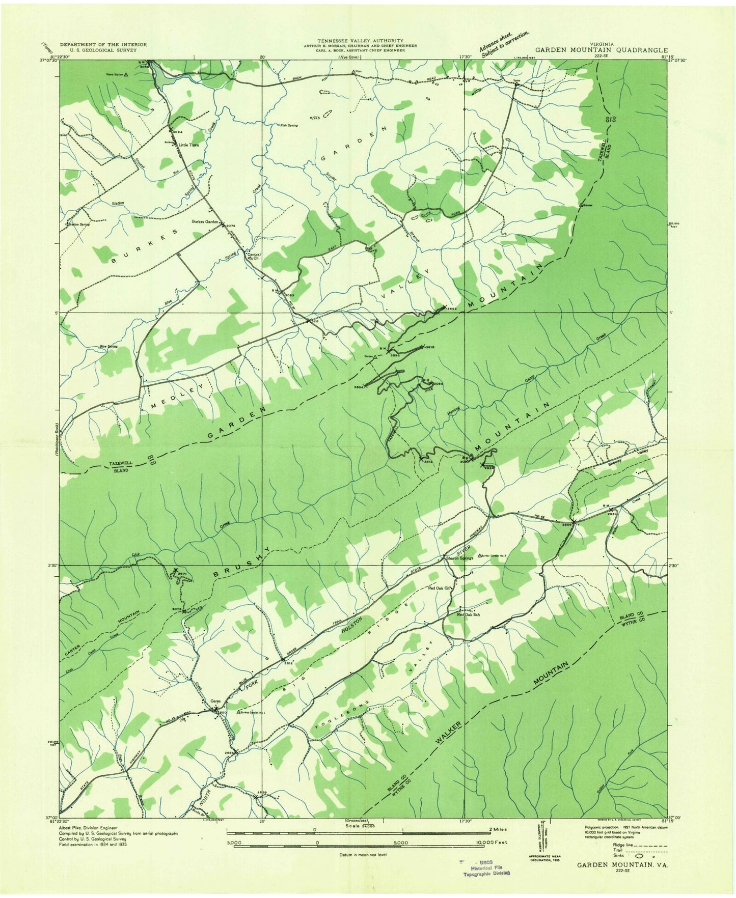 Classic USGS Garden Mountain Virginia 7.5'x7.5' Topo Map Image