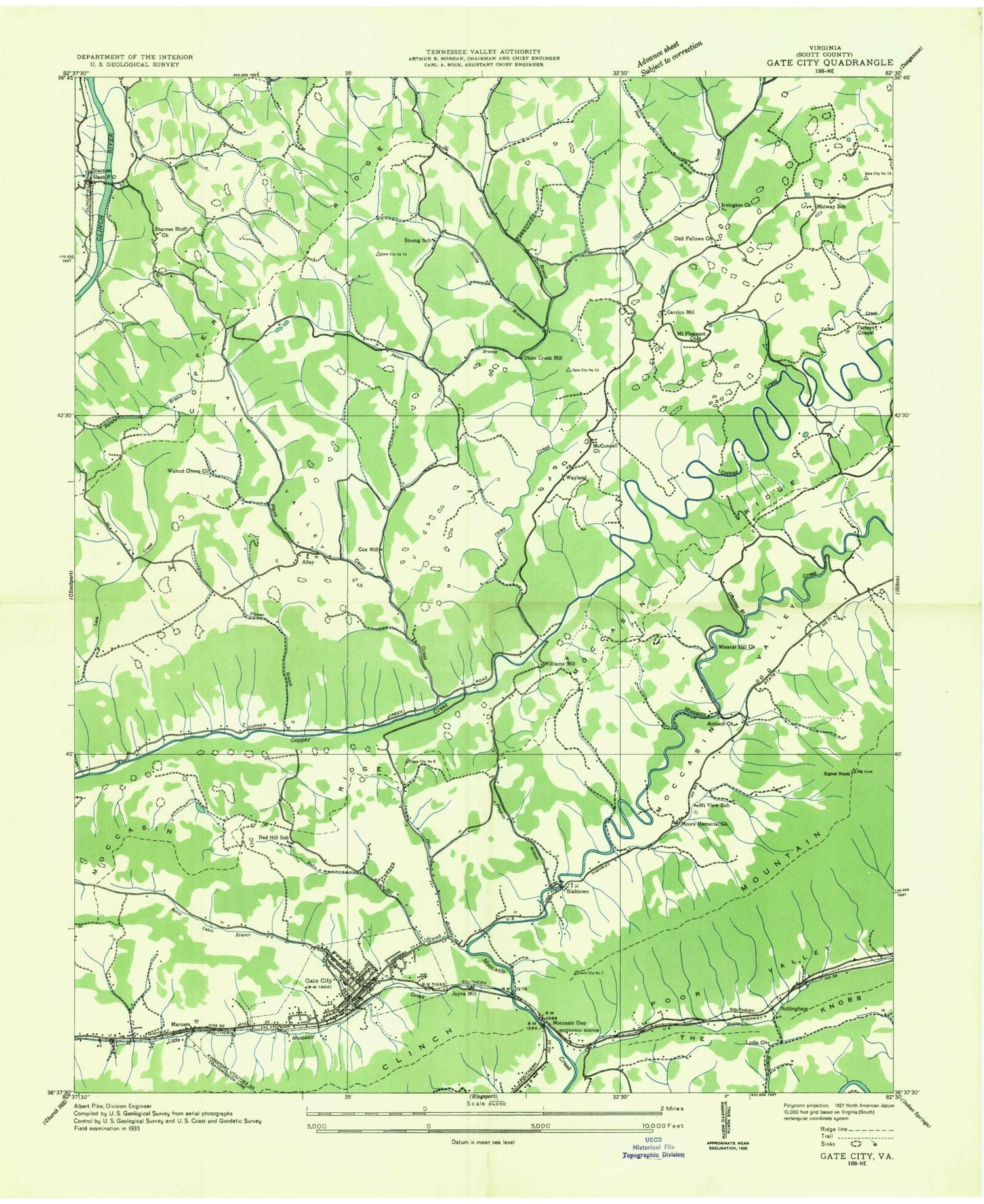 Classic USGS Gate City Virginia 7.5'x7.5' Topo Map Image