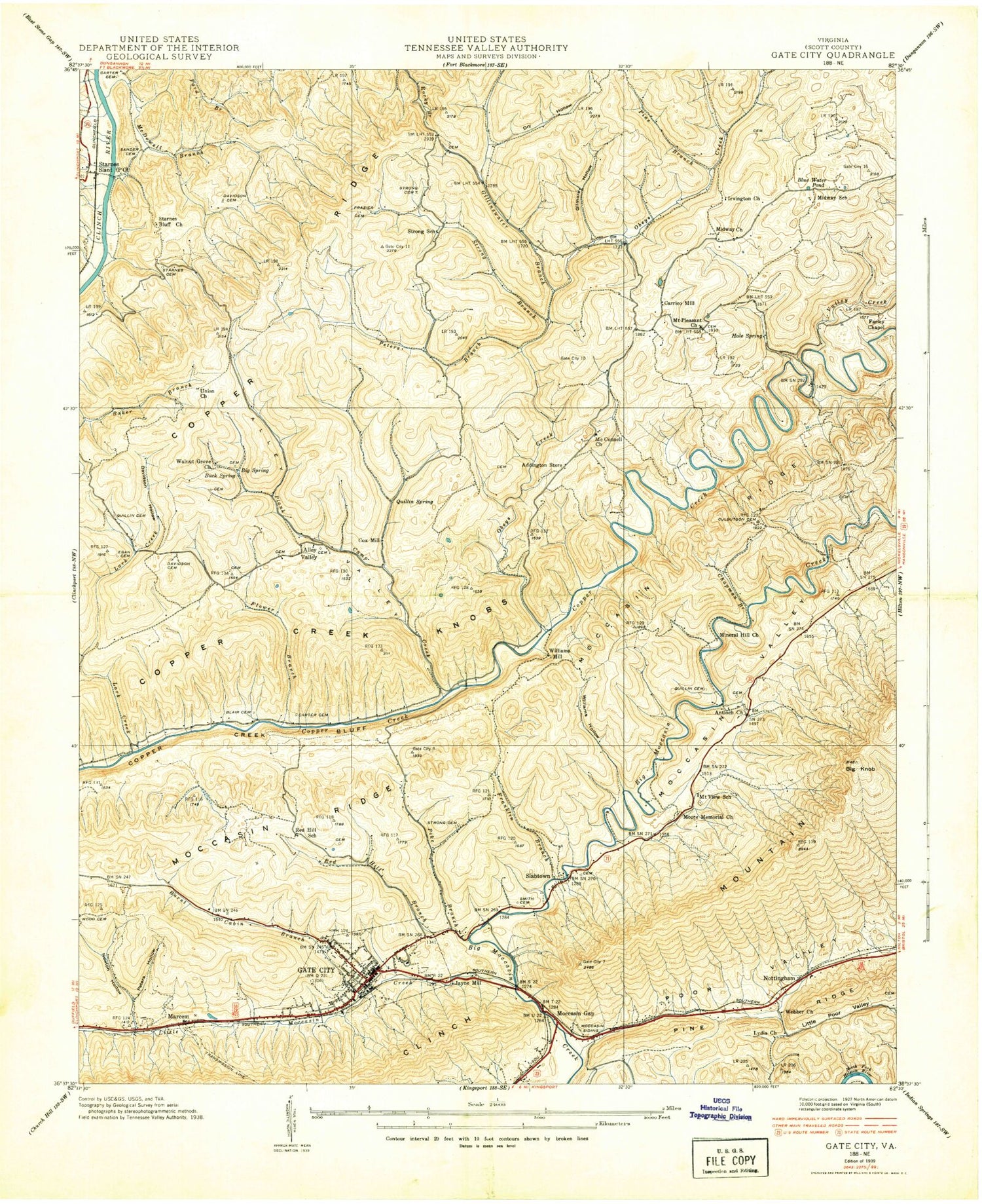 Classic USGS Gate City Virginia 7.5'x7.5' Topo Map Image