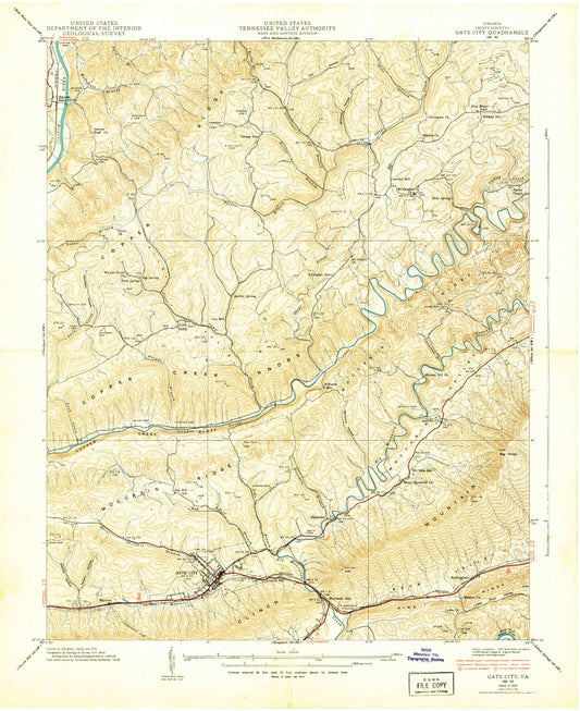 Classic USGS Gate City Virginia 7.5'x7.5' Topo Map Image