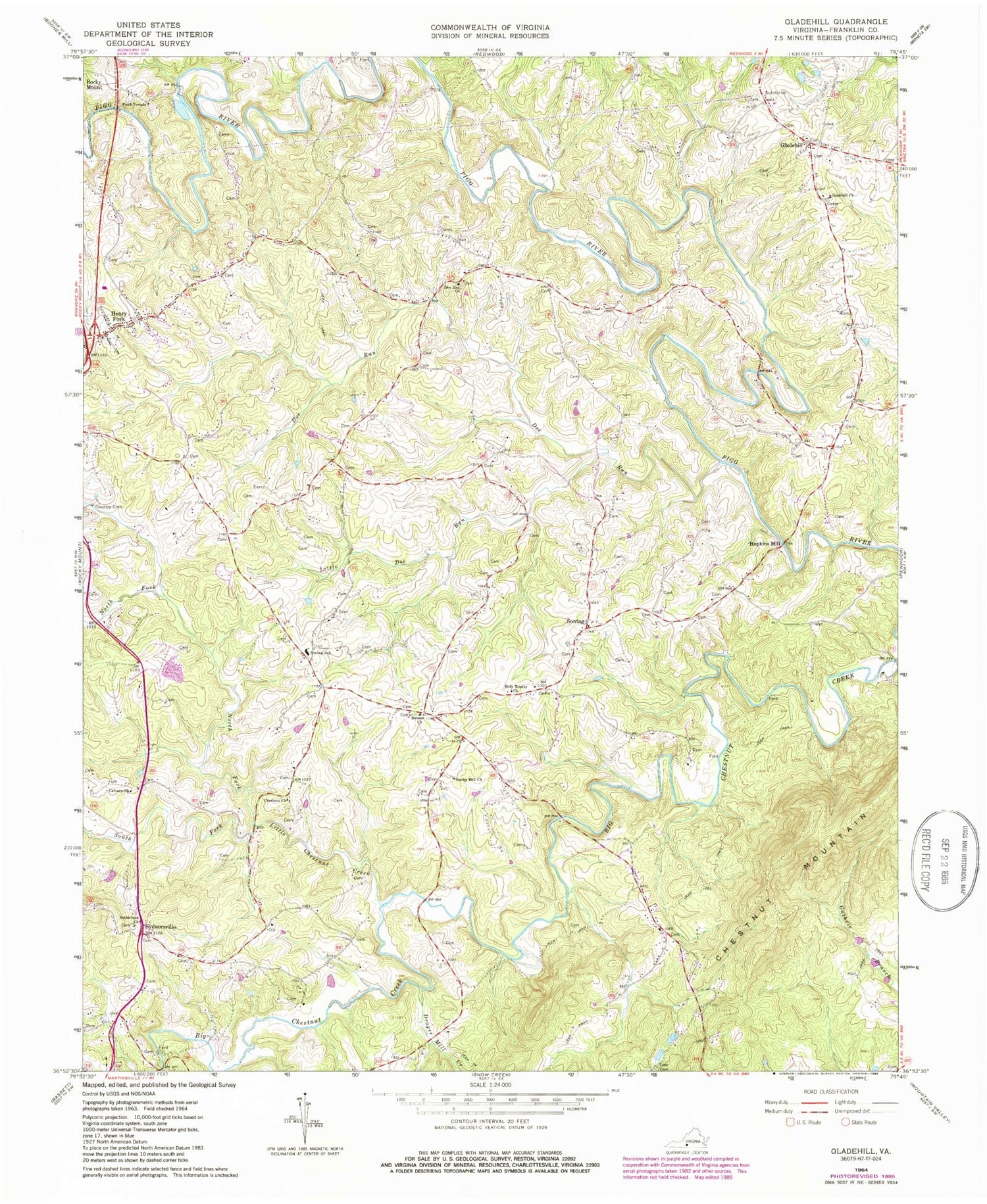 Classic USGS Gladehill Virginia 7.5'x7.5' Topo Map Image