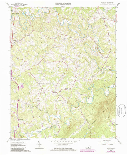Classic USGS Gladehill Virginia 7.5'x7.5' Topo Map Image