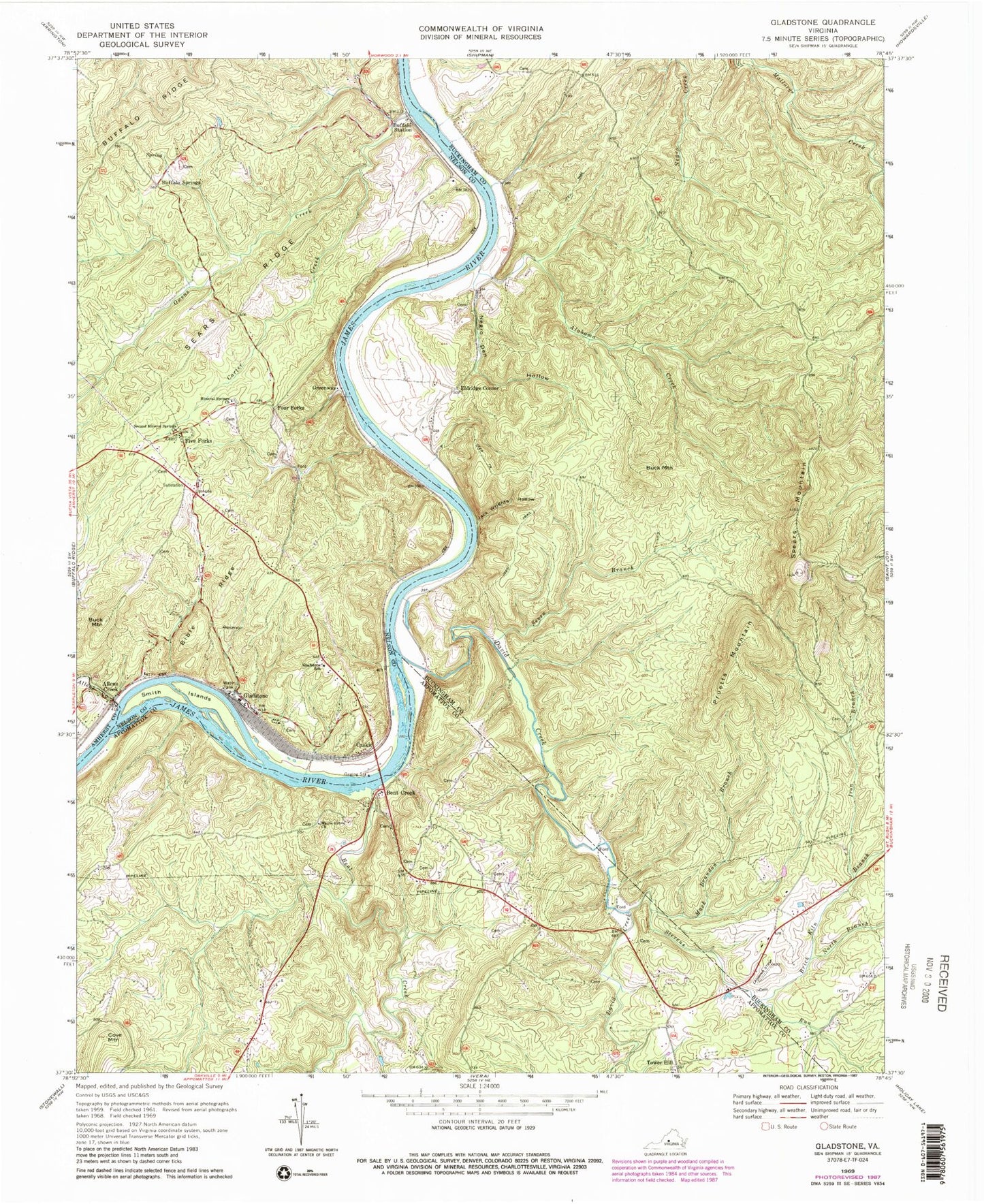 Classic USGS Gladstone Virginia 7.5'x7.5' Topo Map Image