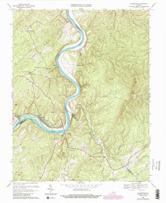 Classic USGS Gladstone Virginia 7.5'x7.5' Topo Map Image