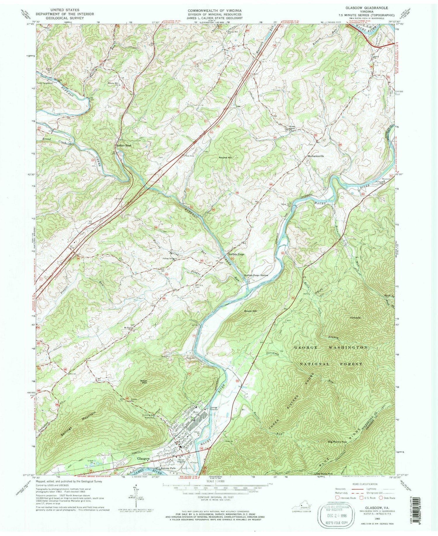 Classic USGS Glasgow Virginia 7.5'x7.5' Topo Map Image