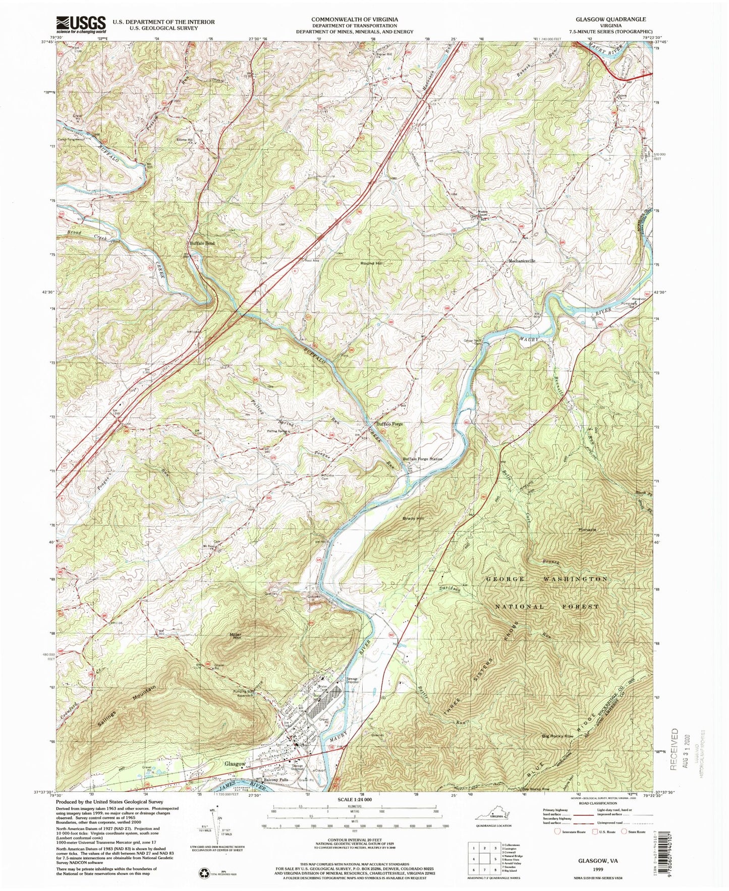Classic USGS Glasgow Virginia 7.5'x7.5' Topo Map Image