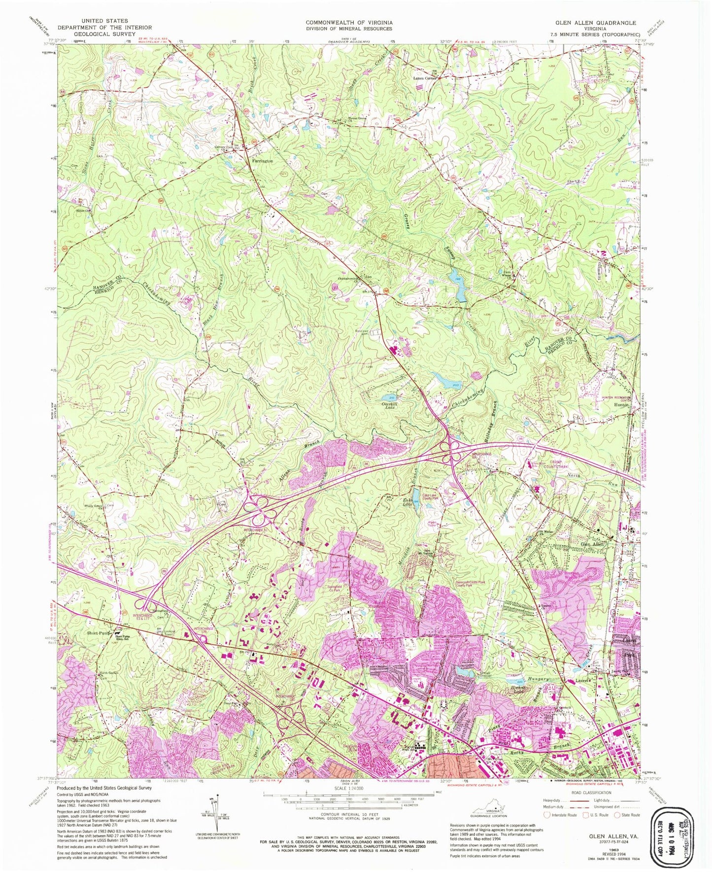 Classic USGS Glen Allen Virginia 7.5'x7.5' Topo Map Image